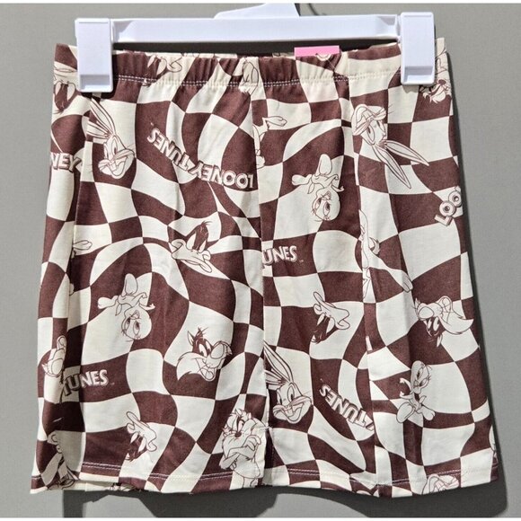 Warner Bros Dresses & Skirts - Looney Tunes Character Print Brown & Cream Geo Checkered Mini Skirt -- Women XS